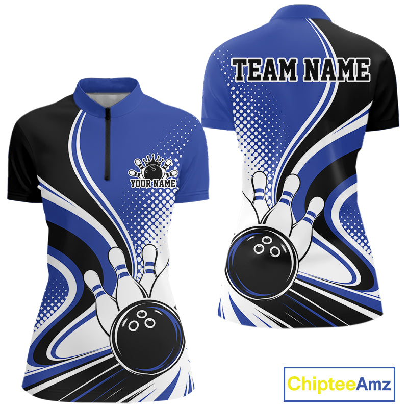 Custom Blue Halftone Classic Retro Bowling Women Quarter-Zip Shirt, Team League Shirt IPHW12073