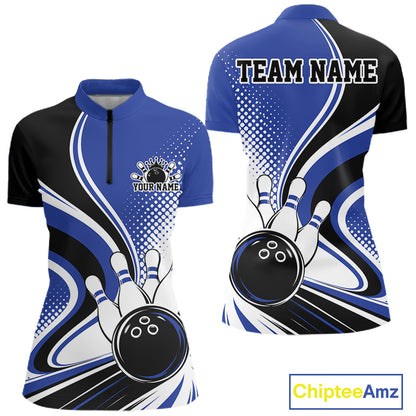 Custom Blue Halftone Classic Retro Bowling Women Quarter-Zip Shirt, Team League Shirt IPHW12073
