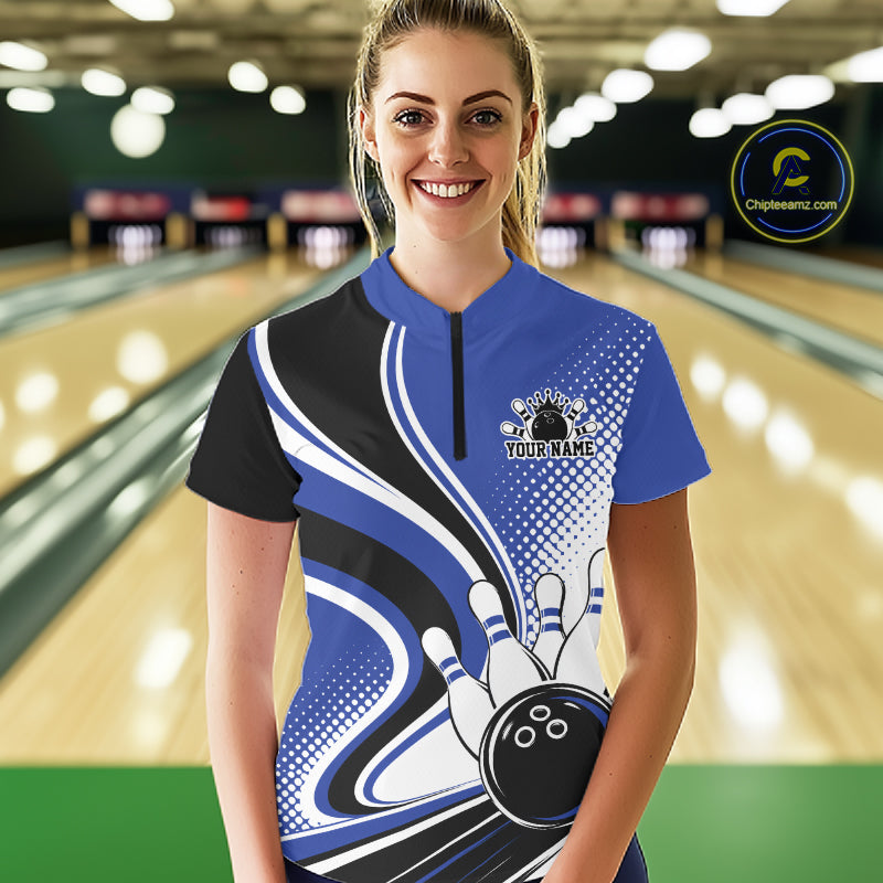 Custom Blue Halftone Classic Retro Bowling Women Quarter-Zip Shirt, Team League Shirt IPHW12073