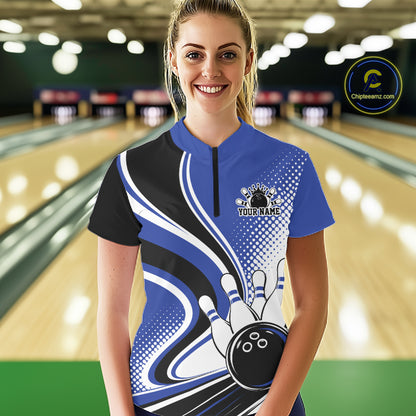 Custom Blue Halftone Classic Retro Bowling Women Quarter-Zip Shirt, Team League Shirt IPHW12073