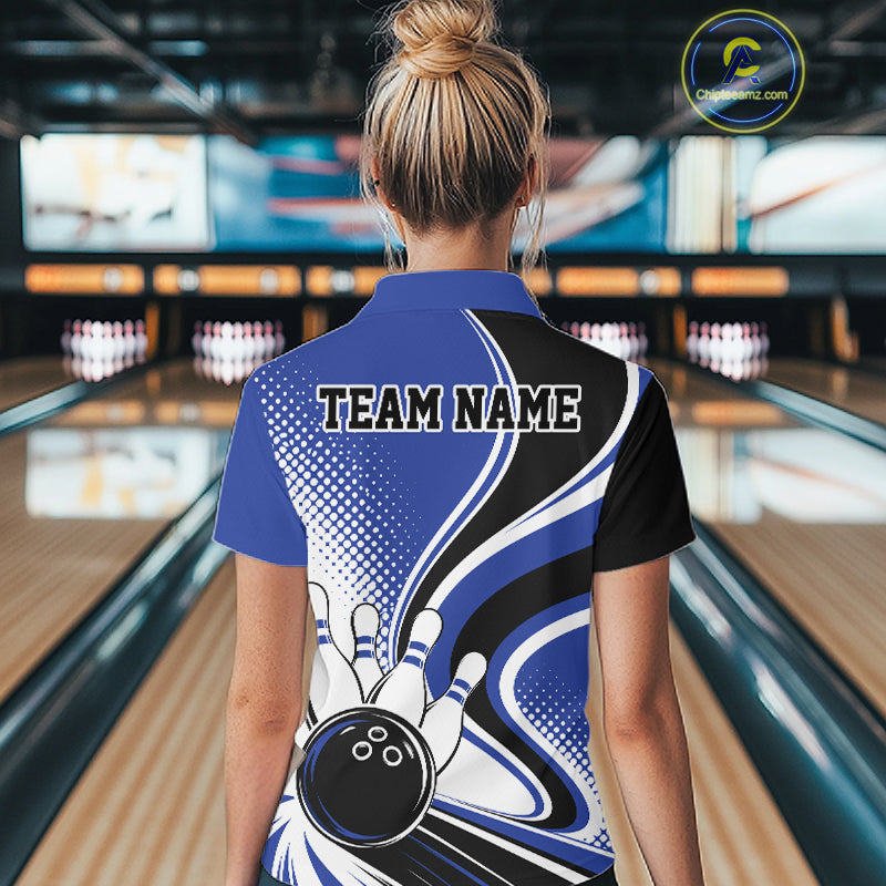 Custom Blue Halftone Classic Retro Bowling Women Quarter-Zip Shirt, Team League Shirt IPHW12073