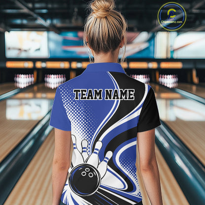 Custom Blue Halftone Classic Retro Bowling Women Quarter-Zip Shirt, Team League Shirt IPHW12073