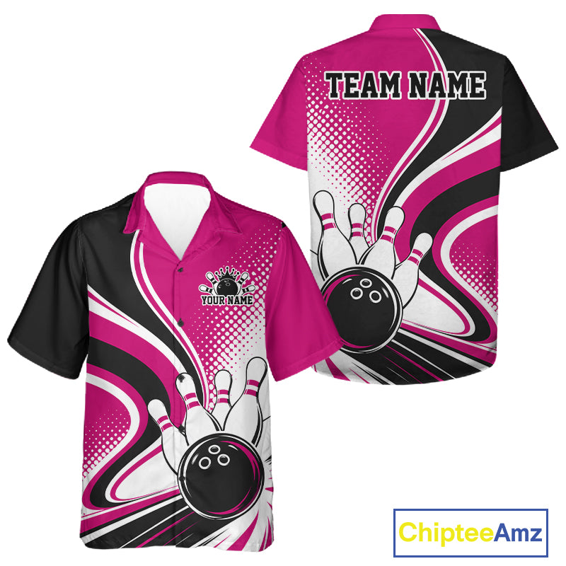 Custom Pink Halftone Classic Retro Bowling Men And Women Button Up Shirt, Bowling Team League Shirt IPHW12074