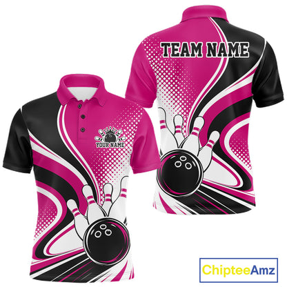 Custom Pink Halftone Classic Retro Bowling Men Polo Shirt, Bowling Team League Shirt IPHW12074