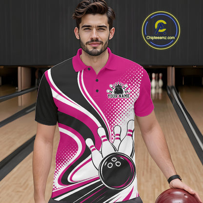 Custom Pink Halftone Classic Retro Bowling Men Polo Shirt, Bowling Team League Shirt IPHW12074