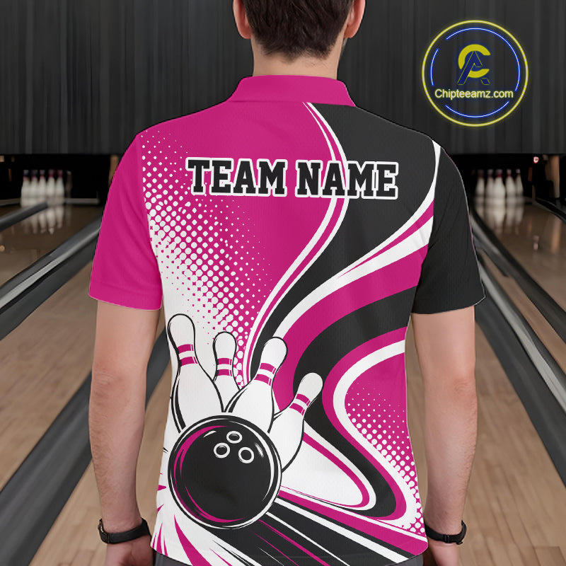 Custom Pink Halftone Classic Retro Bowling Men Polo Shirt, Bowling Team League Shirt IPHW12074