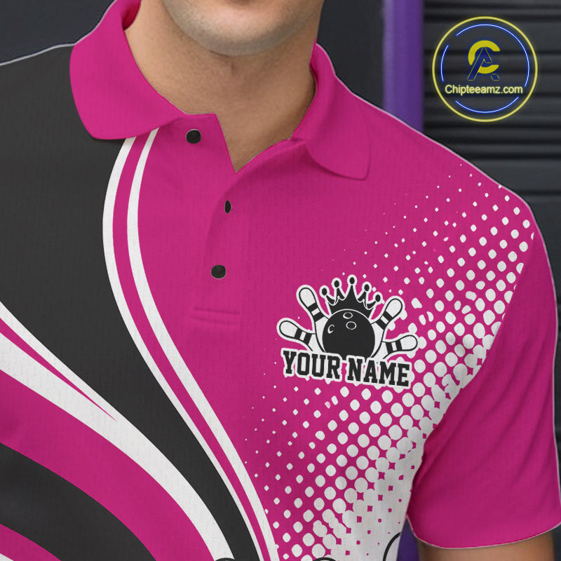Custom Pink Halftone Classic Retro Bowling Men Polo Shirt, Bowling Team League Shirt IPHW12074