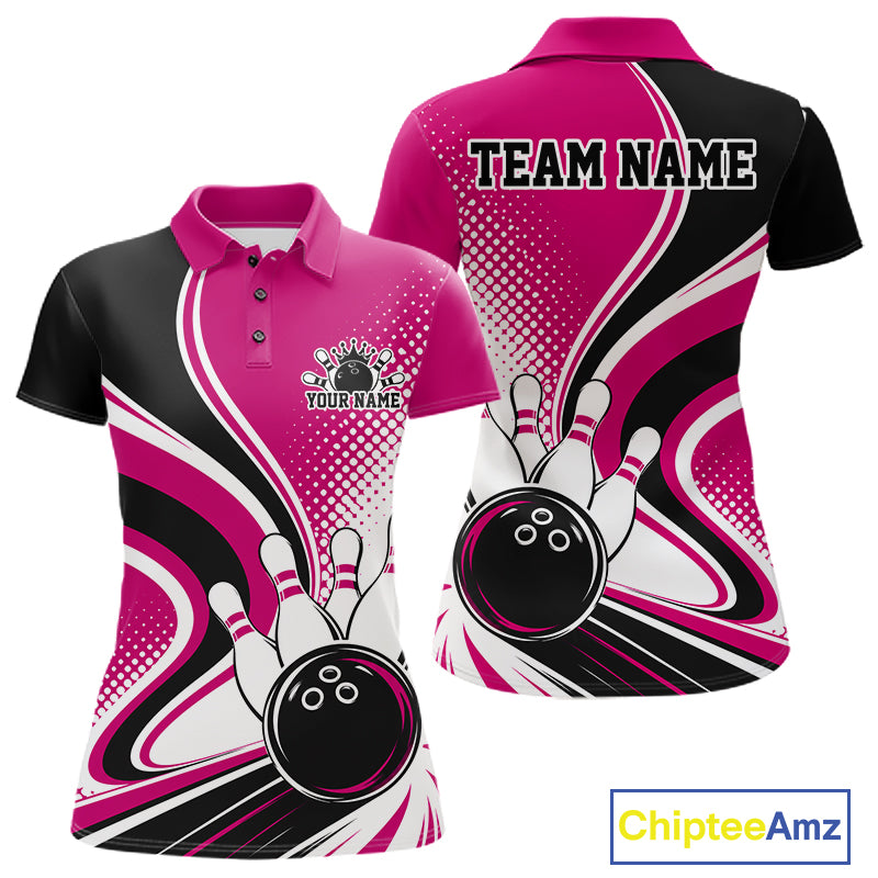 Custom Pink Halftone Classic Retro Bowling Women Polo Shirt, Bowling Team League Shirt IPHW12074