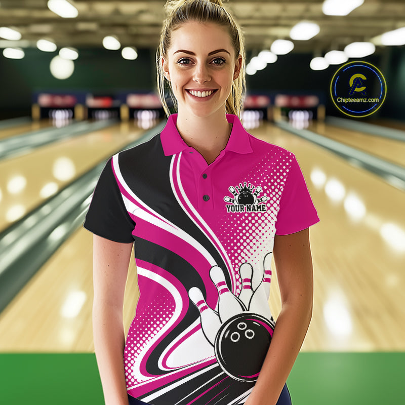 Custom Pink Halftone Classic Retro Bowling Women Polo Shirt, Bowling Team League Shirt IPHW12074