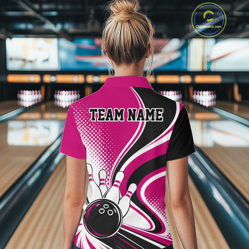 Custom Pink Halftone Classic Retro Bowling Women Polo Shirt, Bowling Team League Shirt IPHW12074