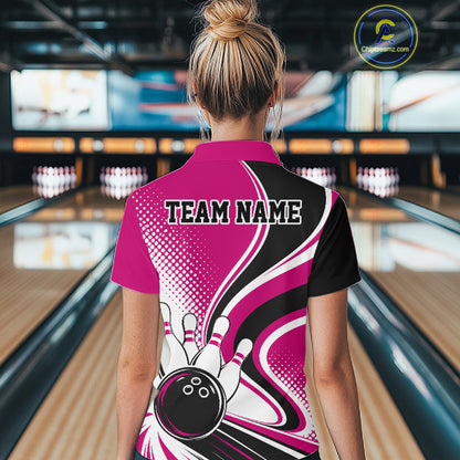 Custom Pink Halftone Classic Retro Bowling Women Polo Shirt, Bowling Team League Shirt IPHW12074