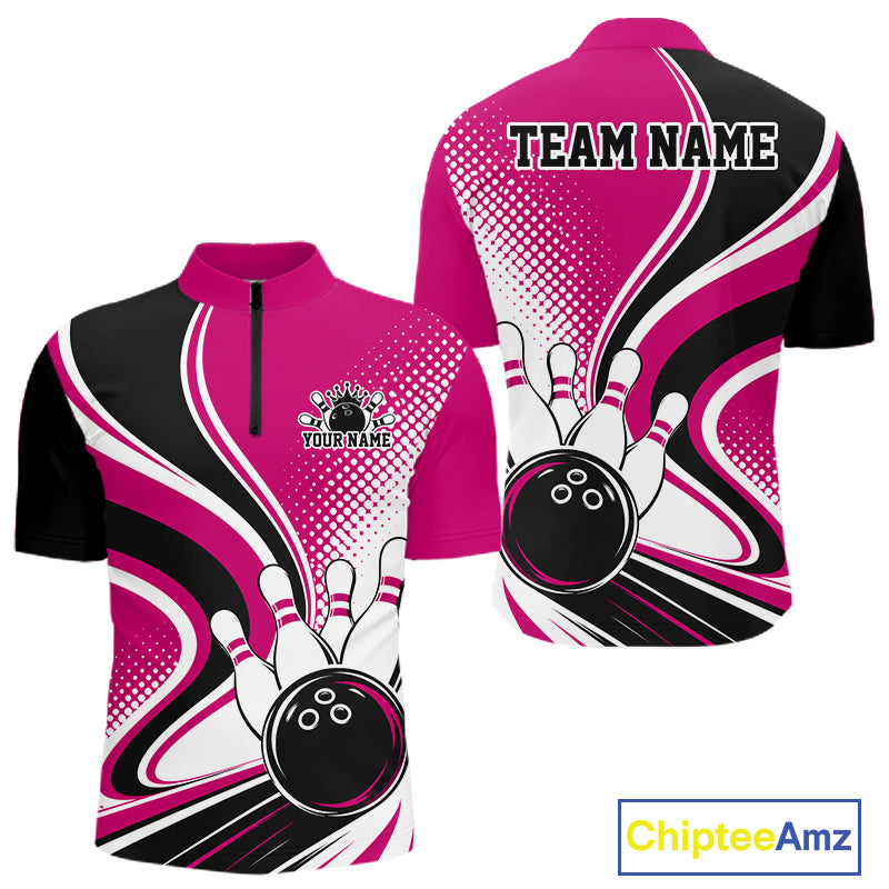 Custom Pink Halftone Classic Retro Bowling Men Quarter Zip Shirt, Bowling Team League Shirt IPHW12074