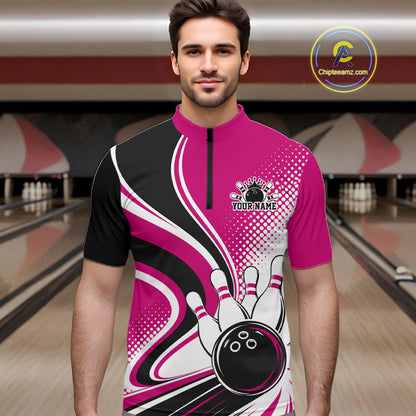 Custom Pink Halftone Classic Retro Bowling Men Quarter Zip Shirt, Bowling Team League Shirt IPHW12074