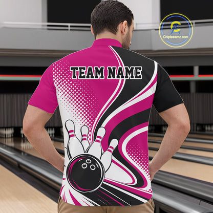 Custom Pink Halftone Classic Retro Bowling Men Quarter Zip Shirt, Bowling Team League Shirt IPHW12074