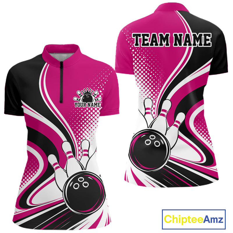 Custom Pink Halftone Classic Retro Bowling Women Quarter-Zip Shirt, Team League Shirt IPHW12074