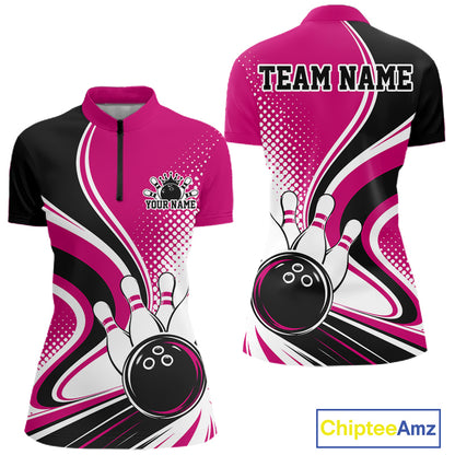 Custom Pink Halftone Classic Retro Bowling Women Quarter-Zip Shirt, Team League Shirt IPHW12074