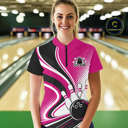Custom Pink Halftone Classic Retro Bowling Women Quarter-Zip Shirt, Team League Shirt IPHW12074