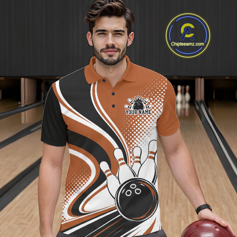 Custom Brown Halftone Classic Retro Bowling Men Polo Shirt, Bowling Team League Shirt IPHW12075