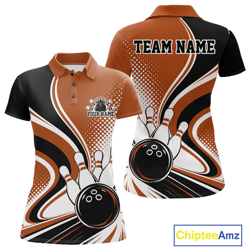 Custom Brown Halftone Classic Retro Bowling Women Polo Shirt, Bowling Team League Shirt IPHW12075