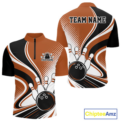 Custom Brown Halftone Classic Retro Bowling Men Quarter Zip Shirt, Bowling Team League Shirt IPHW12075