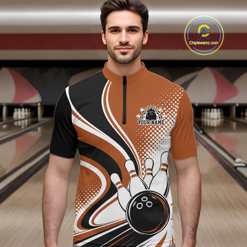 Custom Brown Halftone Classic Retro Bowling Men Quarter Zip Shirt, Bowling Team League Shirt IPHW12075