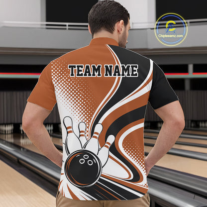 Custom Brown Halftone Classic Retro Bowling Men Quarter Zip Shirt, Bowling Team League Shirt IPHW12075