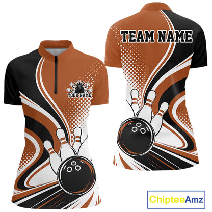 Custom Brown Halftone Classic Retro Bowling Women Quarter-Zip Shirt, Team League Shirt IPHW12075
