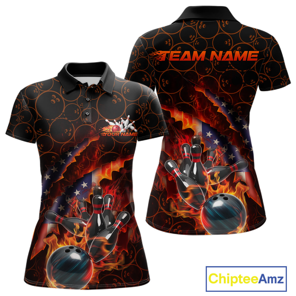 Custom Patriotic Flame Women Bowling Team Shirt, US Flag Bowling League Team Shirt IPHW10192