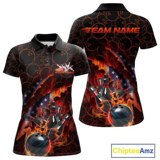 Custom Patriotic Flame Women Bowling Team Shirt, US Flag Bowling League Team Shirt IPHW10192