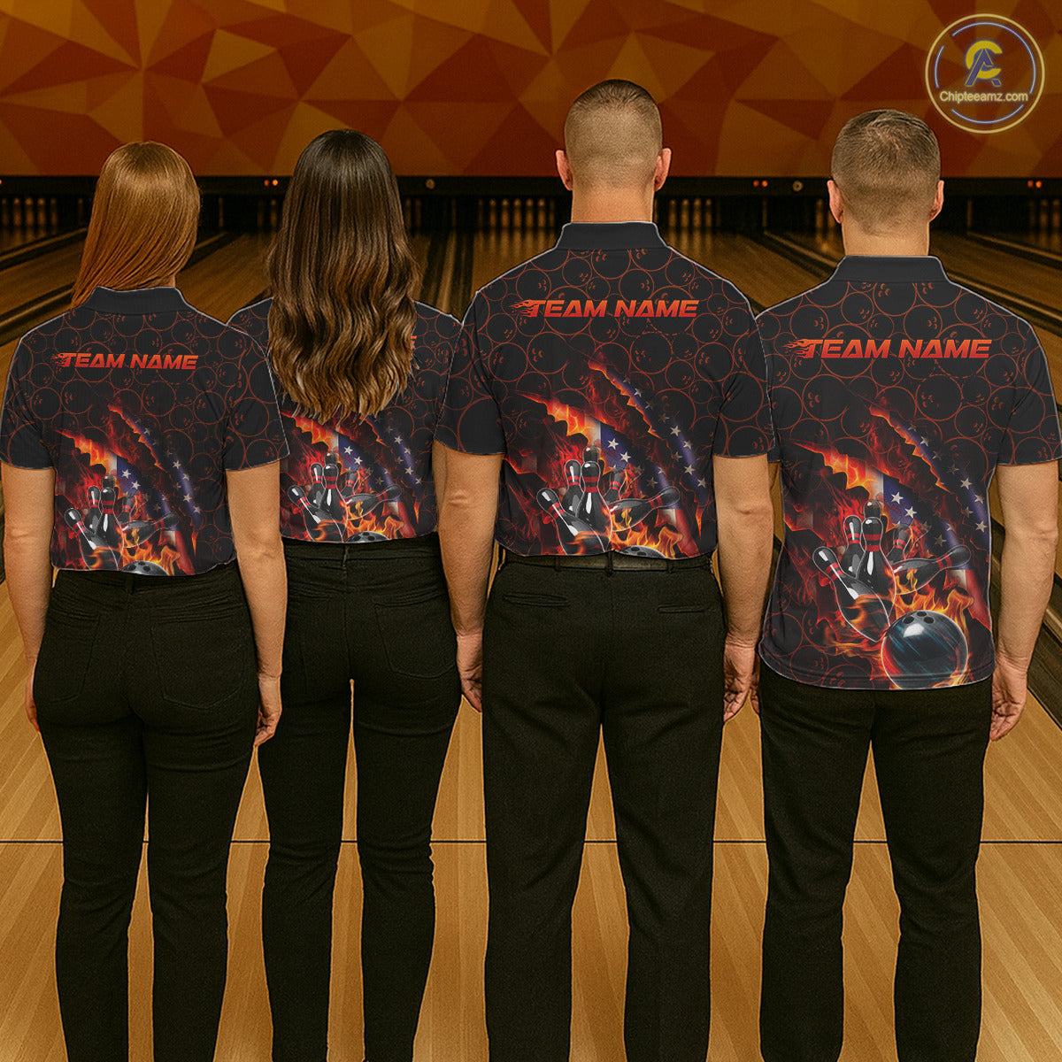 Custom Patriotic Flame Men Bowling Team Shirt, US Flag Bowling League Team Shirt IPHW10192