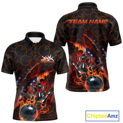 Custom Patriotic Flame Men Bowling Team Shirt, US Flag Bowling League Team Shirt IPHW10192