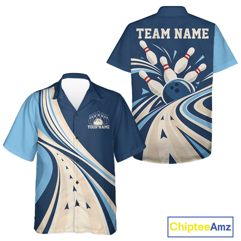 Custom Blue Classic Retro Bowling Team Men And Women Button Up Shirt, Bowling League Shirt Uniform IPHW12368