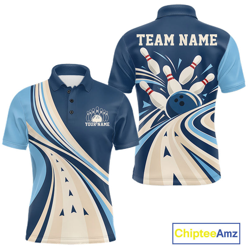 Custom Blue Classic Retro Bowling Team Men Polo Shirt, Bowling League Shirt Uniform IPHW12368