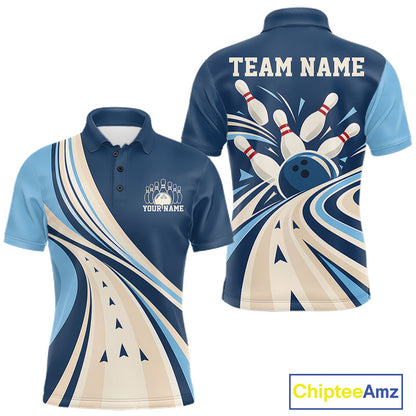 Custom Blue Classic Retro Bowling Team Men Polo Shirt, Bowling League Shirt Uniform IPHW12368