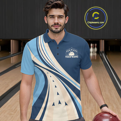 Custom Blue Classic Retro Bowling Team Men Polo Shirt, Bowling League Shirt Uniform IPHW12368