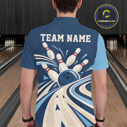 Custom Blue Classic Retro Bowling Team Men Polo Shirt, Bowling League Shirt Uniform IPHW12368