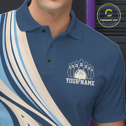 Custom Blue Classic Retro Bowling Team Men Polo Shirt, Bowling League Shirt Uniform IPHW12368
