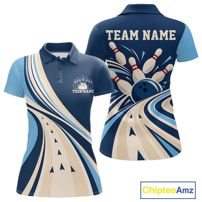 Custom Blue Classic Retro Bowling Team Women Polo Shirt, Bowling League Shirt Uniform IPHW12368