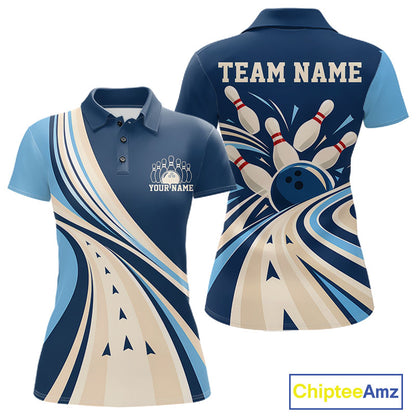Custom Blue Classic Retro Bowling Team Women Polo Shirt, Bowling League Shirt Uniform IPHW12368