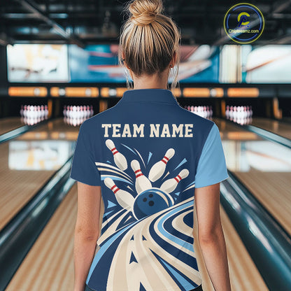 Custom Blue Classic Retro Bowling Team Women Polo Shirt, Bowling League Shirt Uniform IPHW12368