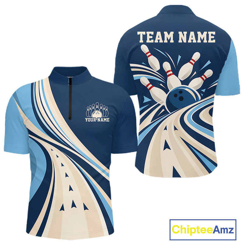 Custom Blue Classic Retro Bowling Team Men Quarter Zip Shirt, Bowling League Shirt Uniform IPHW12368