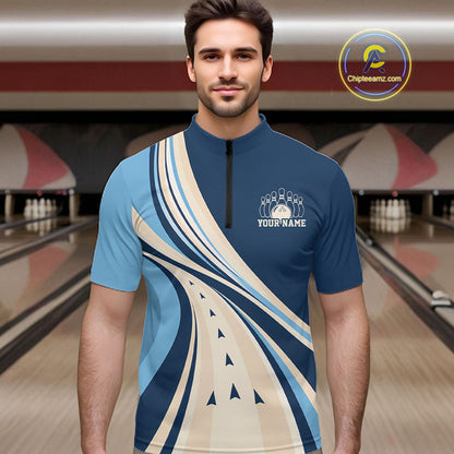 Custom Blue Classic Retro Bowling Team Men Quarter Zip Shirt, Bowling League Shirt Uniform IPHW12368