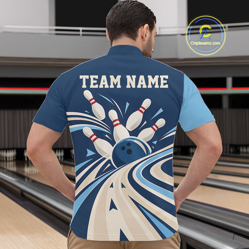 Custom Blue Classic Retro Bowling Team Men Quarter Zip Shirt, Bowling League Shirt Uniform IPHW12368