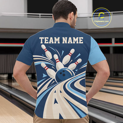 Custom Blue Classic Retro Bowling Team Men Quarter Zip Shirt, Bowling League Shirt Uniform IPHW12368