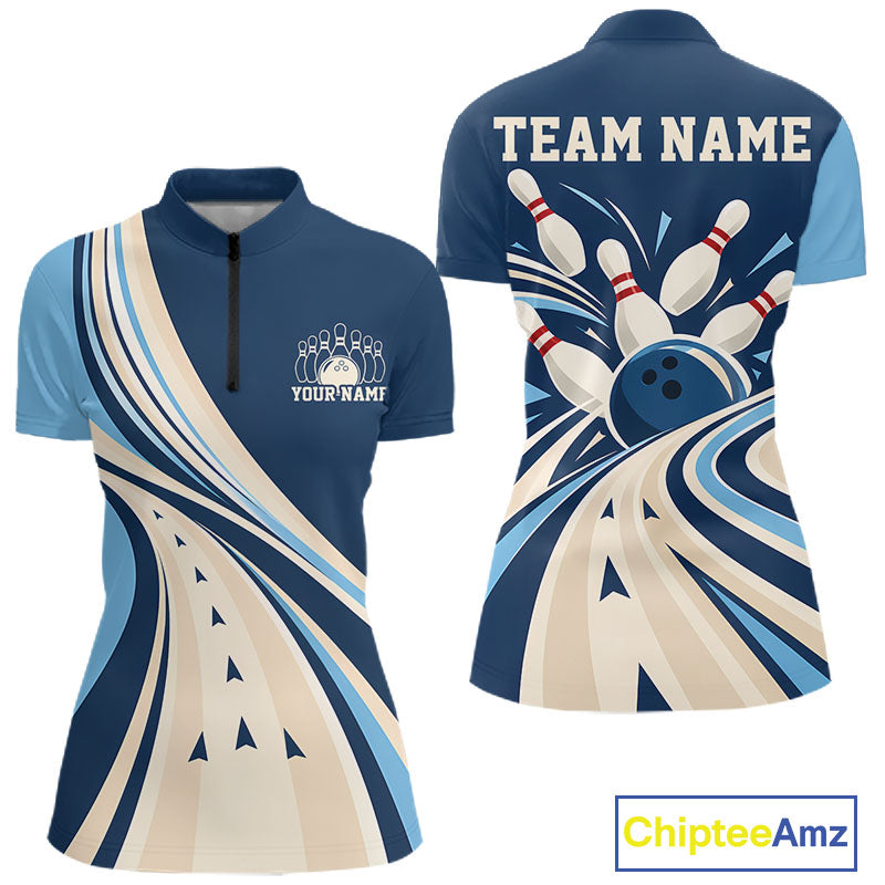 Custom Blue Classic Retro Bowling Women Quarter-Zip Shirt, Bowling League Shirt Uniform IPHW12368