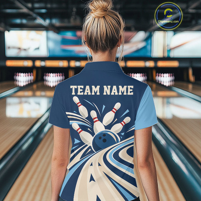 Custom Blue Classic Retro Bowling Women Quarter-Zip Shirt, Bowling League Shirt Uniform IPHW12368