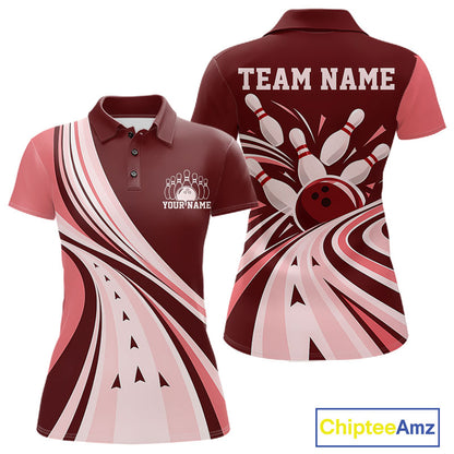 Custom Burgundy Red Classic Retro Bowling Team Women Polo Shirt, Bowling League Shirt IPHW12369