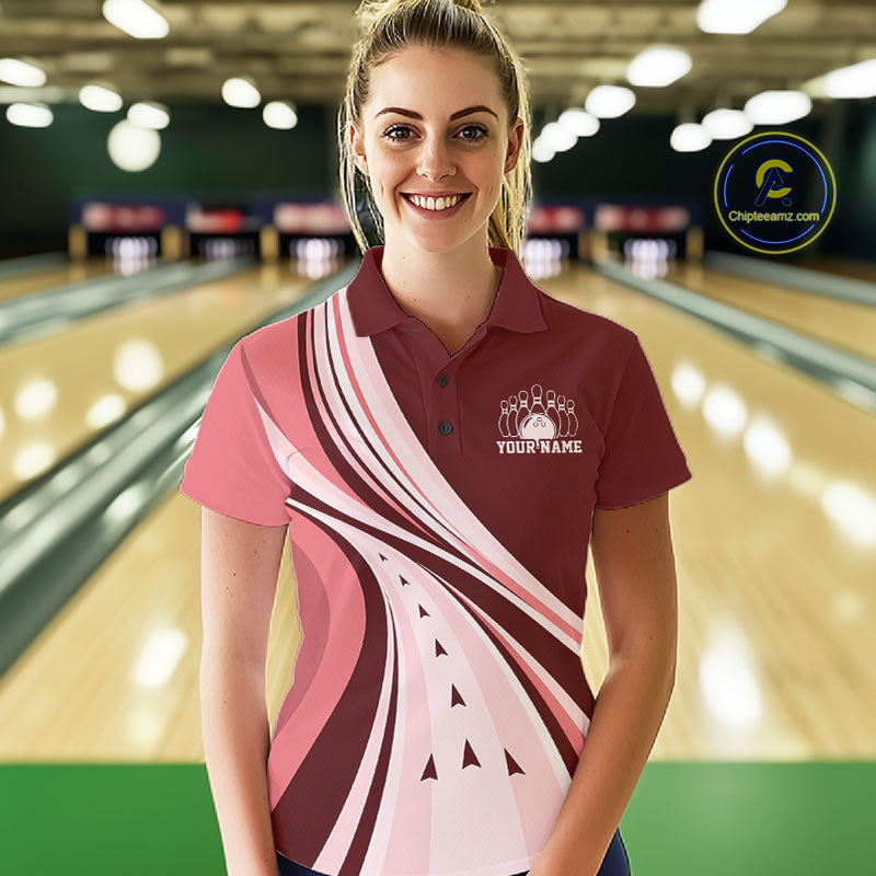 Custom Burgundy Red Classic Retro Bowling Team Women Polo Shirt, Bowling League Shirt IPHW12369