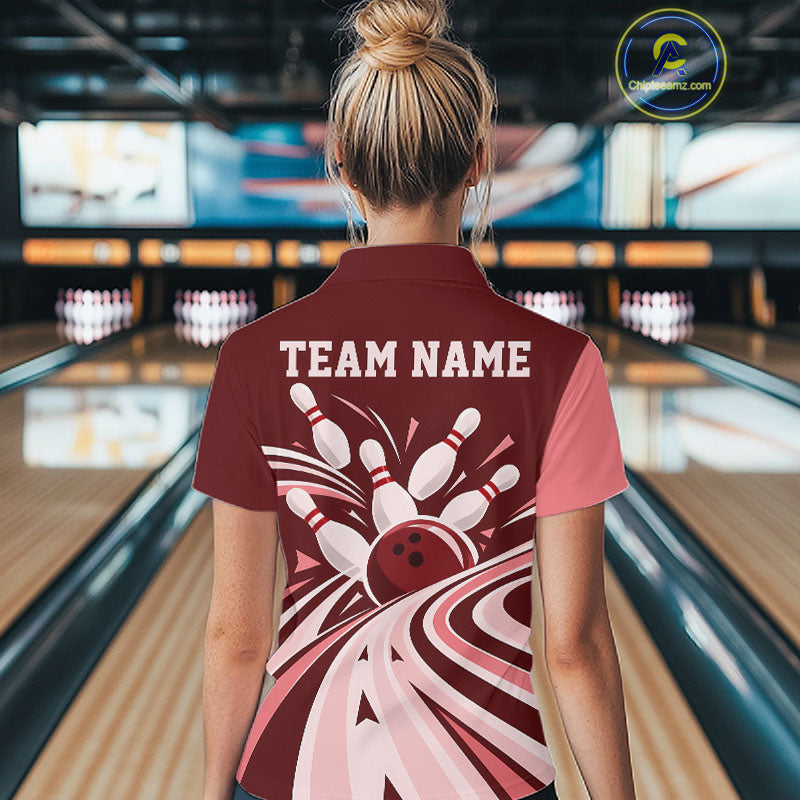 Custom Burgundy Red Classic Retro Bowling Team Women Polo Shirt, Bowling League Shirt IPHW12369
