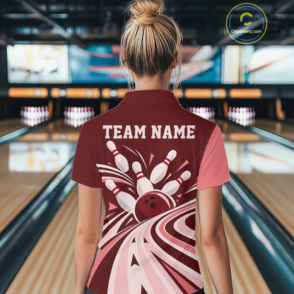 Custom Burgundy Red Classic Retro Bowling Team Women Polo Shirt, Bowling League Shirt IPHW12369